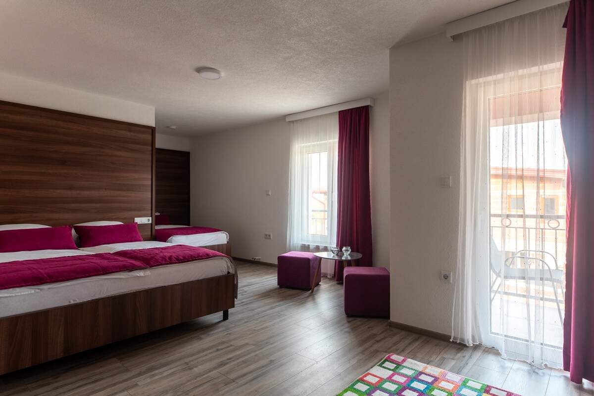 The studio apartment showcases a spacious area featuring a double king size bed and a single bed. Natural light filters through two large windows adorned with sheer curtains. Colorful decorative rugs add a cheerful touch, while wooden accents provide a modern feel.