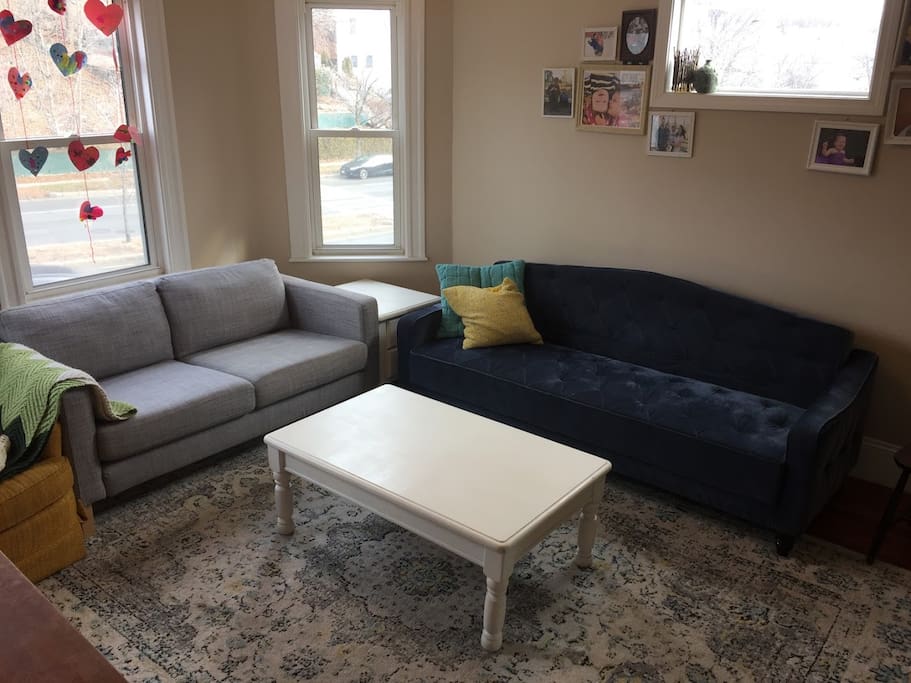 The living room with the new couches. The blue couch folds down into a sleeper sofa.
