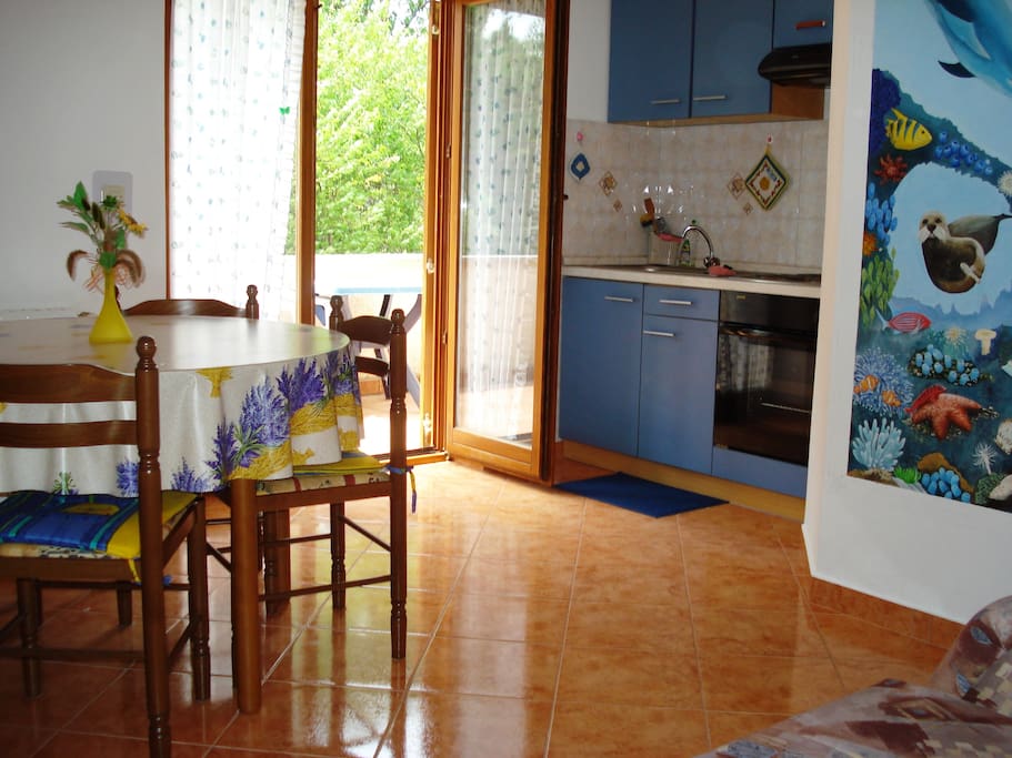 Living room and kitchen.
