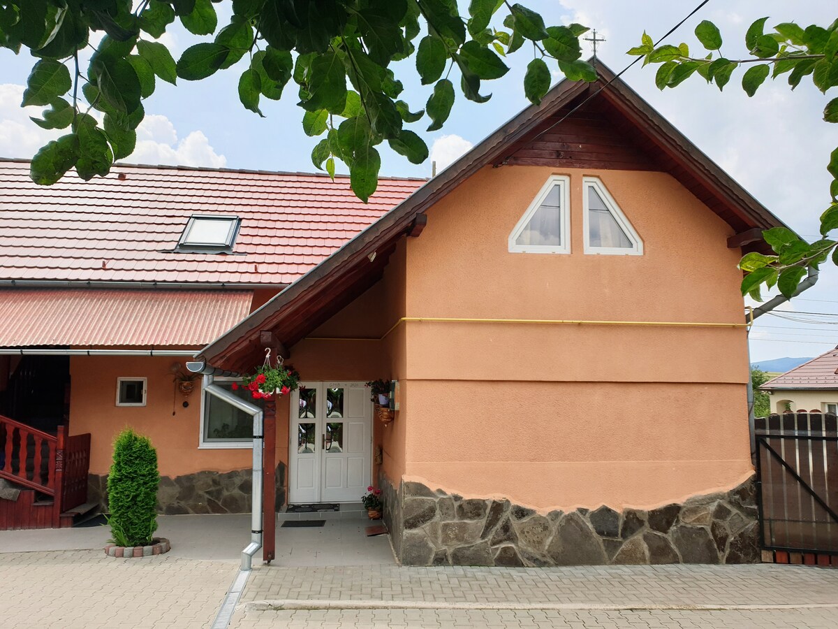 The exterior of the property features a warm-toned façade with a sloped roof and a combination of stone and stucco elements. A welcoming entrance is marked by double doors and flower decorations. Greenery surrounds the entrance, enhancing the rural atmosphere.