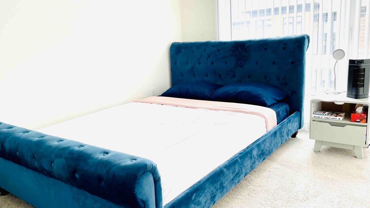 A spacious bedroom features a plush blue velvet bedframe with a soft pink bedding set. A sleek nightstand holds an alarm clock and a small lamp. Natural light fills the room through large windows, enhancing the tranquil ambiance.