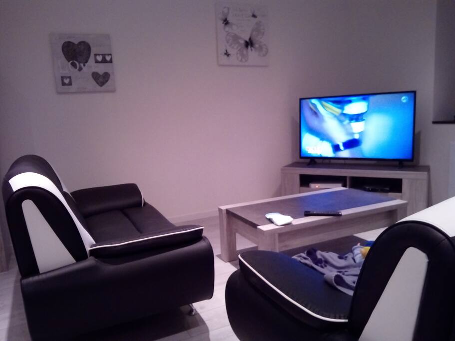 Coin télé avec canapés 3 et 2 places. TV avec livebox + internet