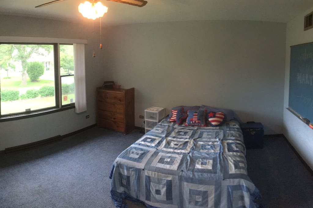 Bedroom #1 (The Blue Room) Queen Bed, Dressers, Closet, Chalkboard, air mattress space.