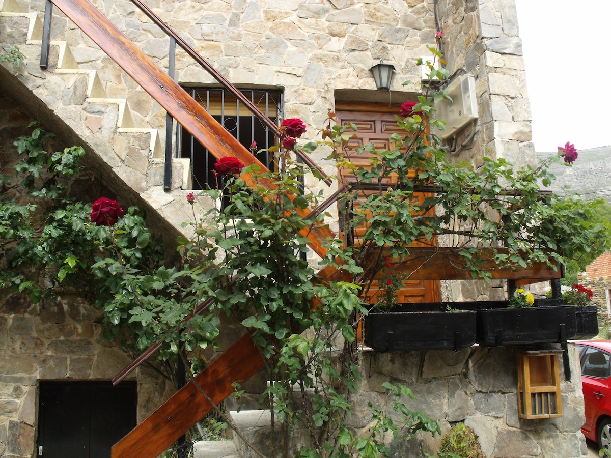 A stone exterior features natural textures and warm wooden accents. A wooden staircase, framed by vibrant roses, leads to the entrance door. The scene showcases a blend of rustic charm and greenery along with a decorative window box beneath the staircase.