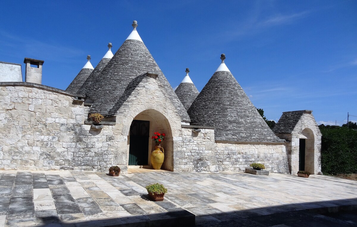 The exterior of the trullo features traditional conical roofs and a textured stone facade. The entrance is framed by arched doorways, complemented by decorative planters with vibrant flowers. A spacious stone-paved area surrounds the building, providing a serene atmosphere under a clear blue sky.