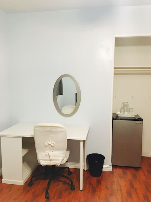 Workspace, mini fridge & closet