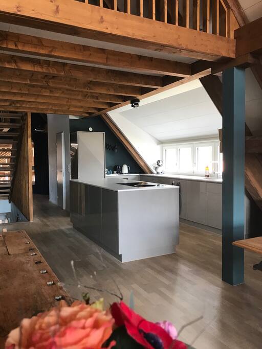 Küche mit Herdplatte, Wok, kitchenaid-Backmaschine, komplett eingerichtet mit Pfannen, Besteck, Geschirr etc.