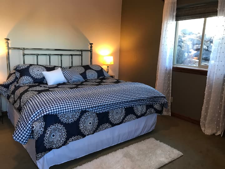 広々とした地下寝室には、もう1つのキングサイズのベッドと隣接するバスルームがあります。庭の窓