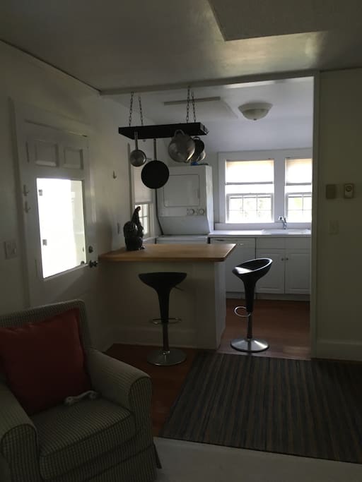 A good size eat in kitchen includes washer and drier