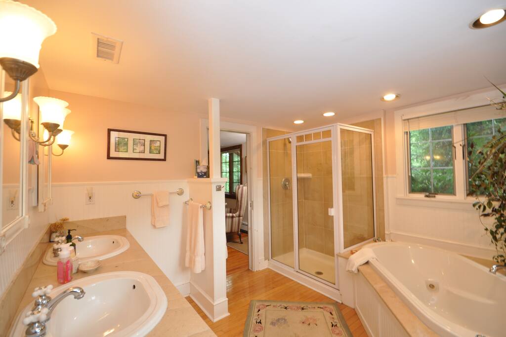 Bath Petie's Room
Jacuzzi, glass enclosed shower and double sink