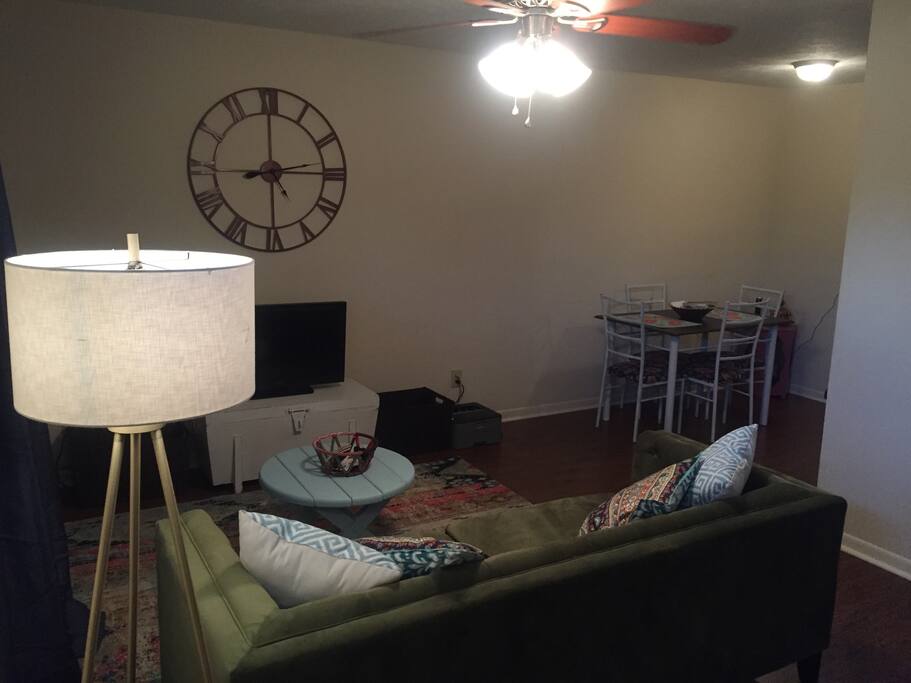 Living room/dining table view right when you walk in!