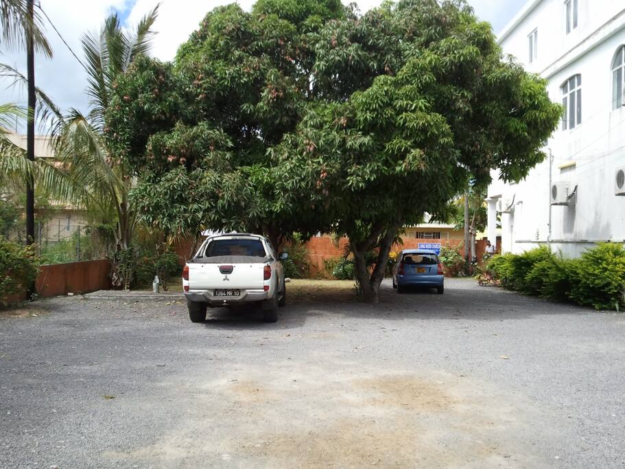 Grand parking gratuit, petit jardin
