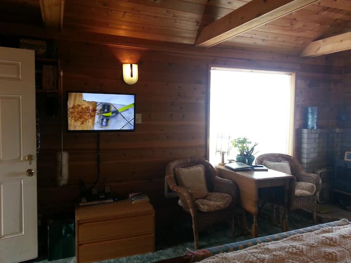 Kifua cha droo, TV, eneo la kukaa, mwonekano wa dirisha kubwa, jiko dogo la mbao la kona...