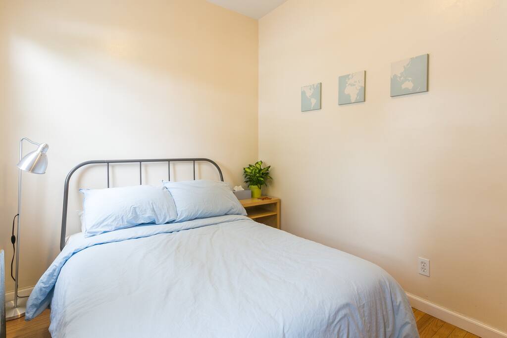 The room - includes double bed, a/c, clothing rack, night stand, and exclusive access to back yard