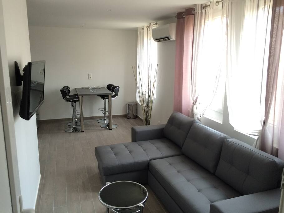 Vue salon coin cuisine en entrant