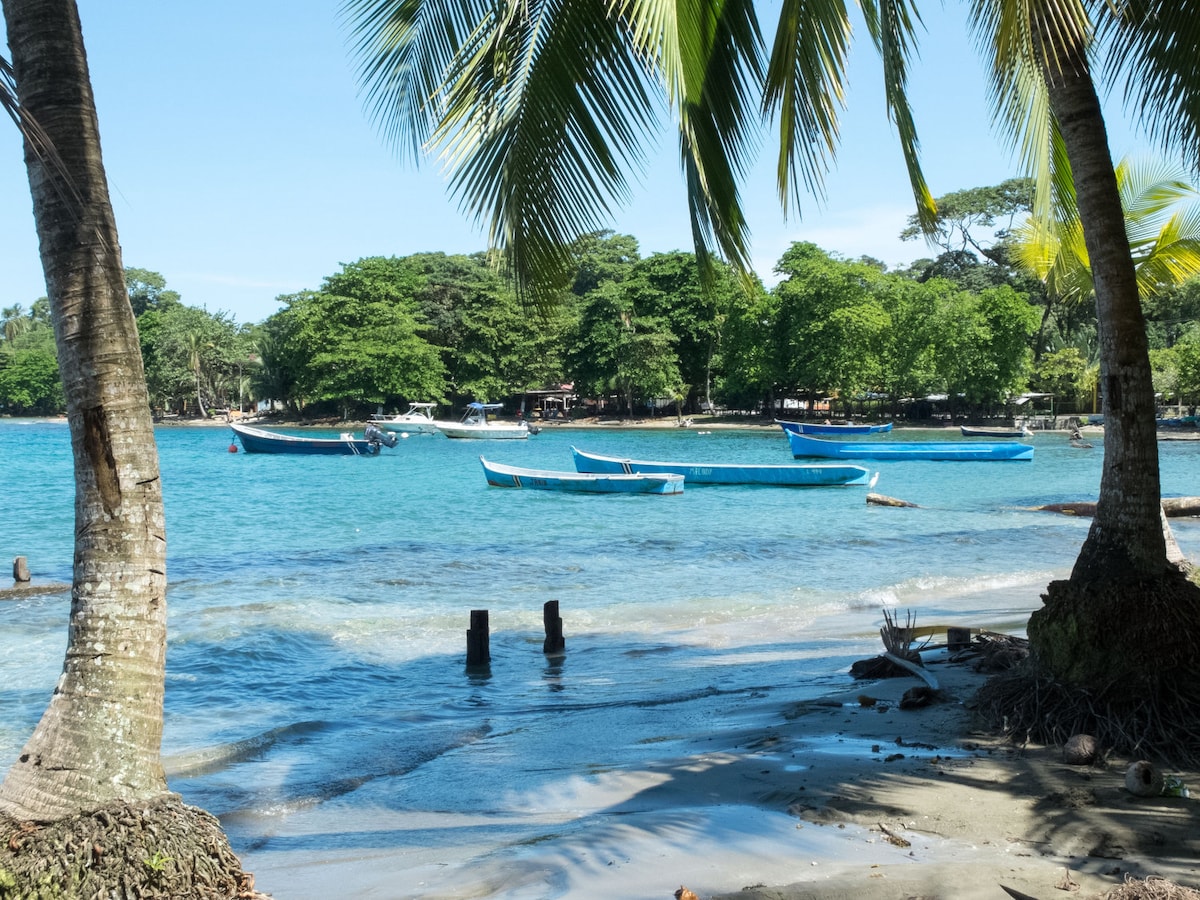 Bright blue waters reflect sunlight, with a few small boats anchored nearby. Lush green trees frame the scene, while palm trees mark the shoreline. Sandy beach stretches into the distance, blending with the gentle waves lapping at the shore.