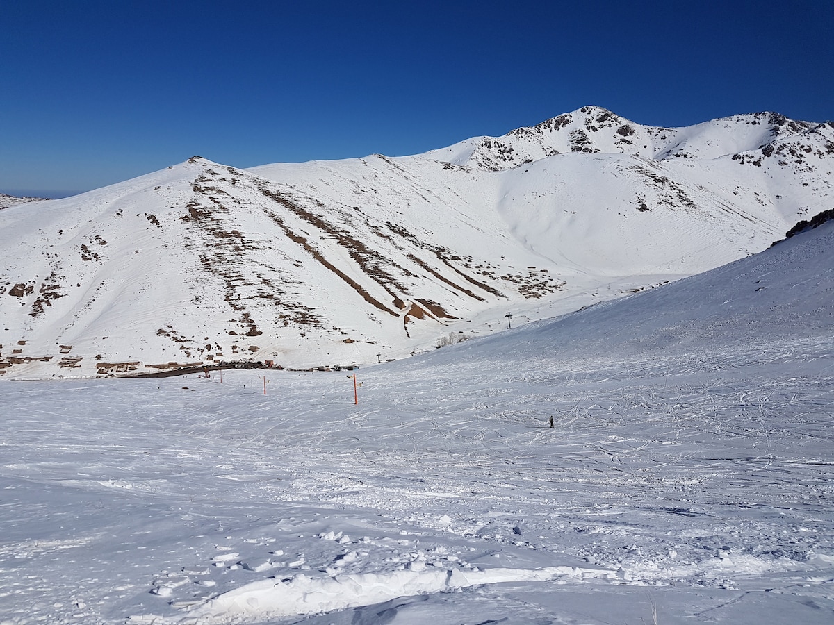 A snowy landscape features gentle slopes and distant mountains under a clear blue sky. Ski tracks create patterns on the untouched snow, while sparse orange markers are visible along the skiing route leading towards the hills.