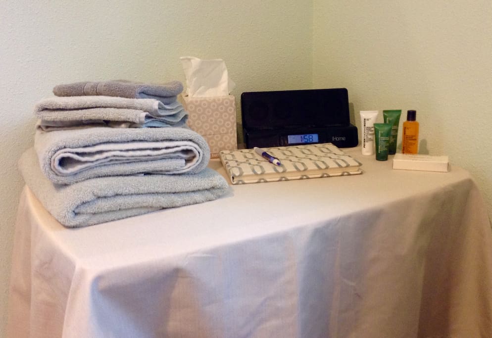 Bedside amenities; fresh towels, toiletries, tissues, clock/ipod station, and guest book
