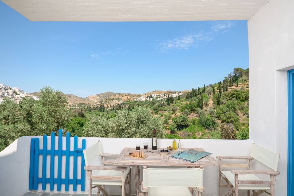 Panoramic view to valley with olive trees and other fruit trees