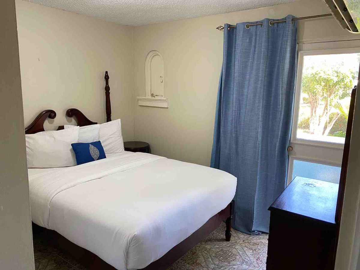 Bedroom with queen size bed (Hypoallergenic down alternative comforter)