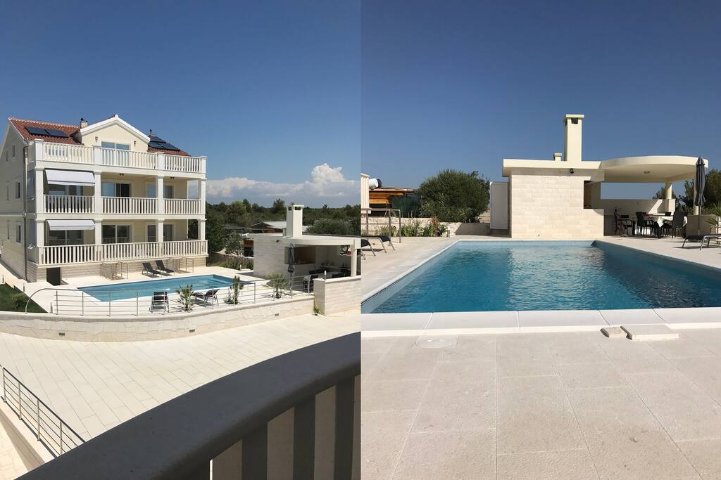 Collage, outdoor area with swimming pool and kitchen