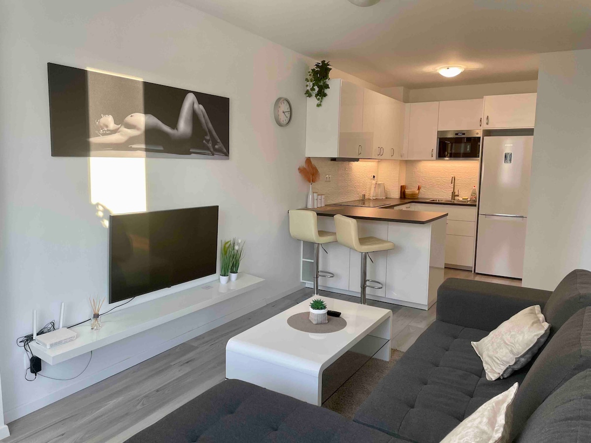 A modern living area is presented with a sleek gray sofa and a minimalist coffee table. A flat-screen television is mounted on a white wall unit. The open kitchen features bright cabinetry and a spacious island with two stools. Natural light enters through the windows, enhancing the space.