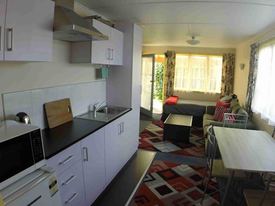 Kitchen and living area with king single