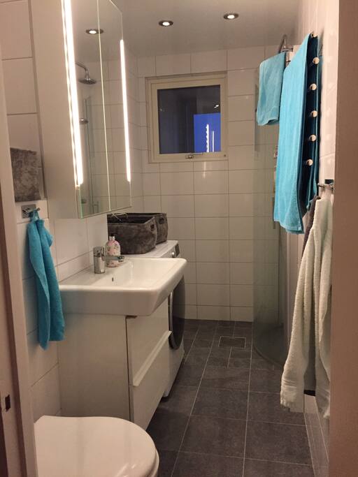 Badrum med tvätt-/torkmaskin