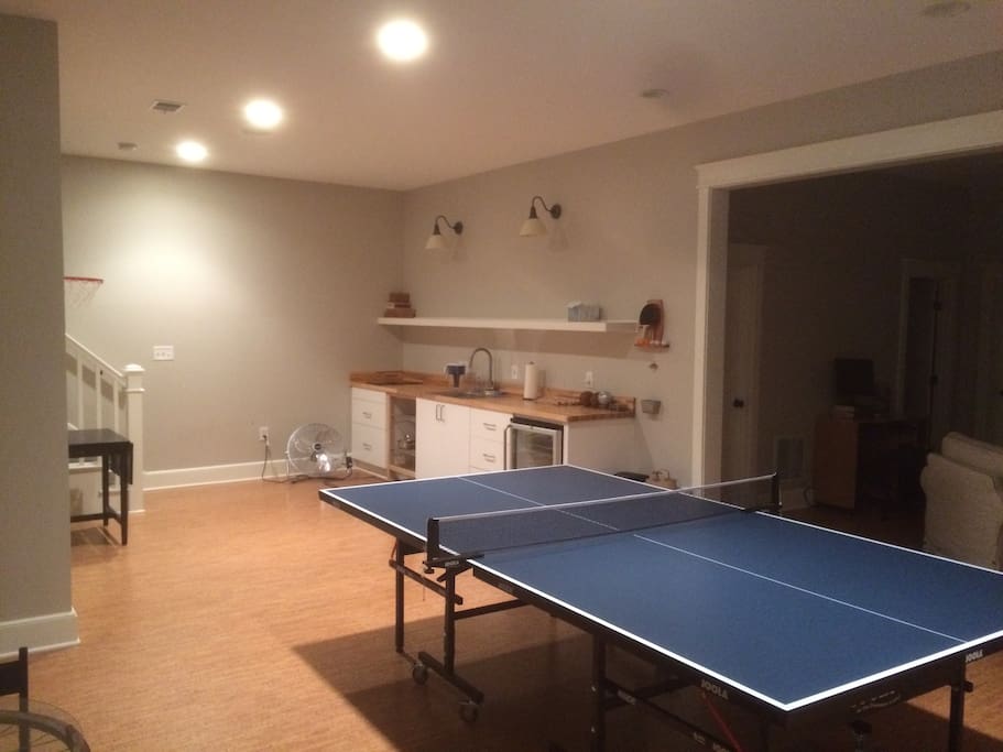 ping pong table, mini fridge, induction range