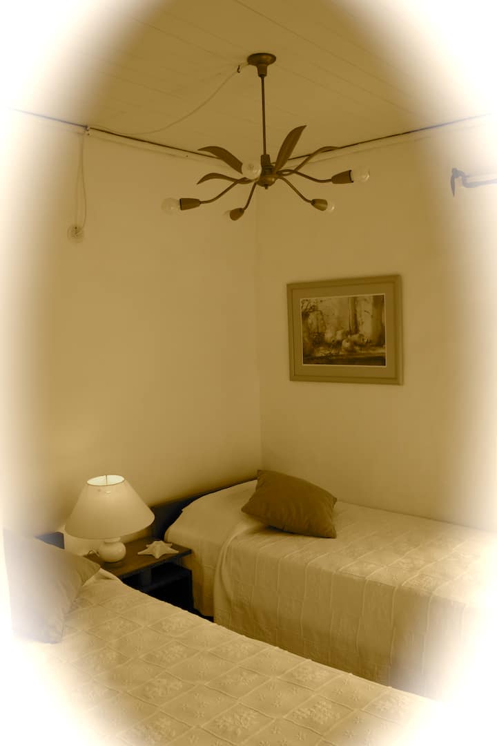 Chambre avec deux lits.