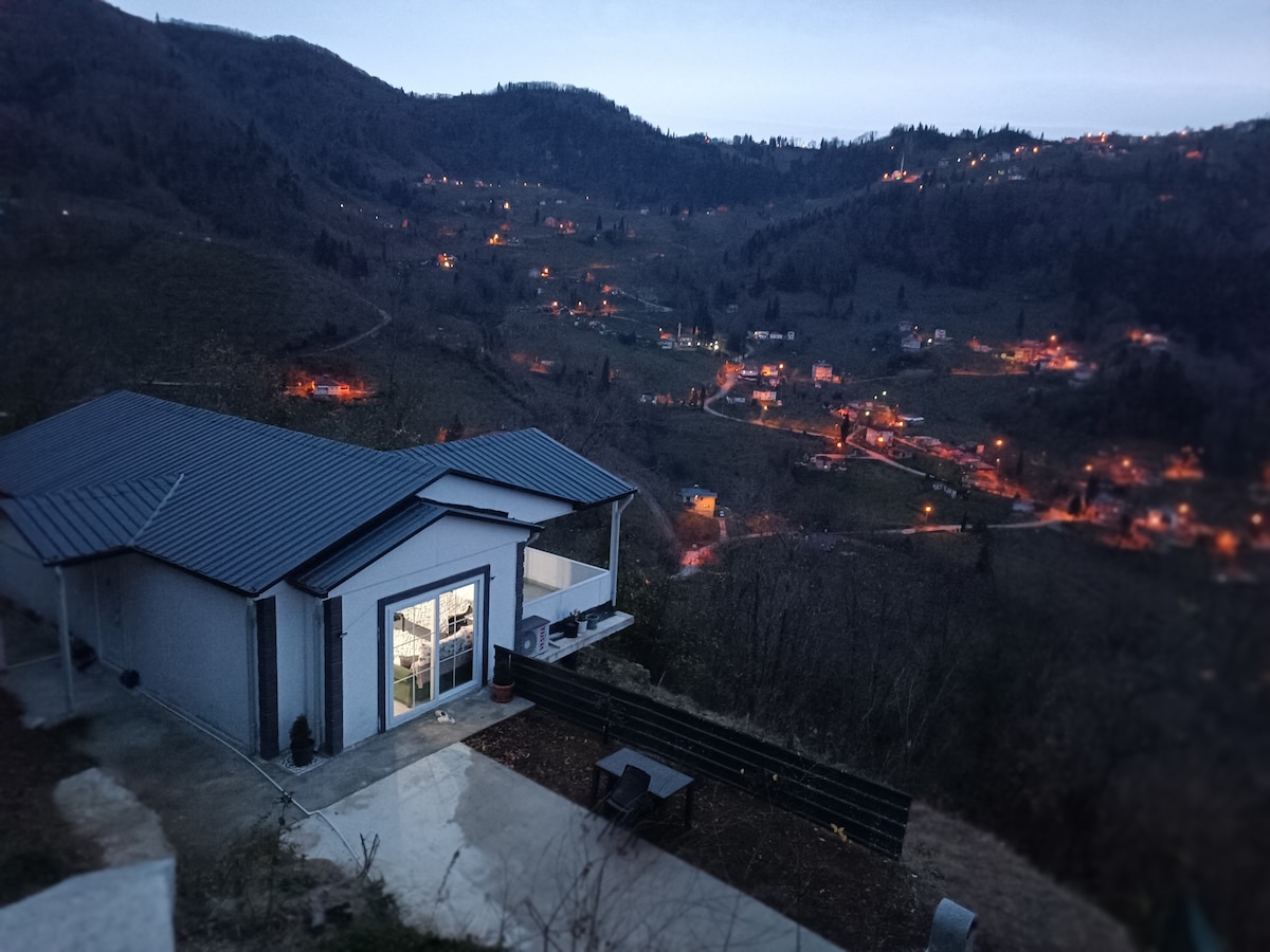 A modern house is situated on a hillside, surrounded by nature. The exterior features a metal roof and large glass doors that reveal warm interior lighting. The view encompasses a serene landscape with softly glowing lights of nearby homes nestled in the valleys.