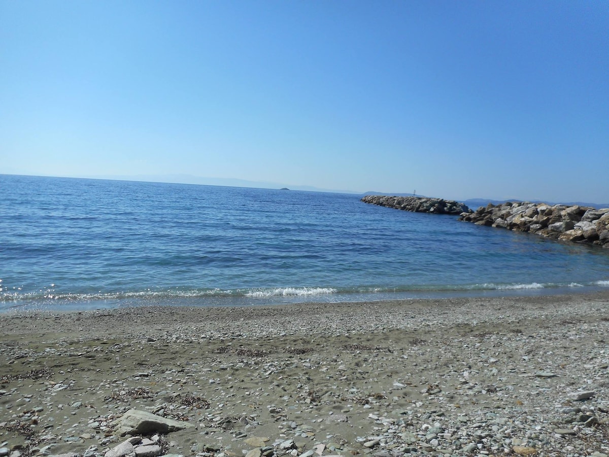 A tranquil beach scene is depicted, featuring clear blue water gently lapping against a sandy shore. Smooth stones and pebbles line the beach, with a rocky jetty extending into the sea. The horizon displays a clear sky, creating a serene coastal atmosphere.