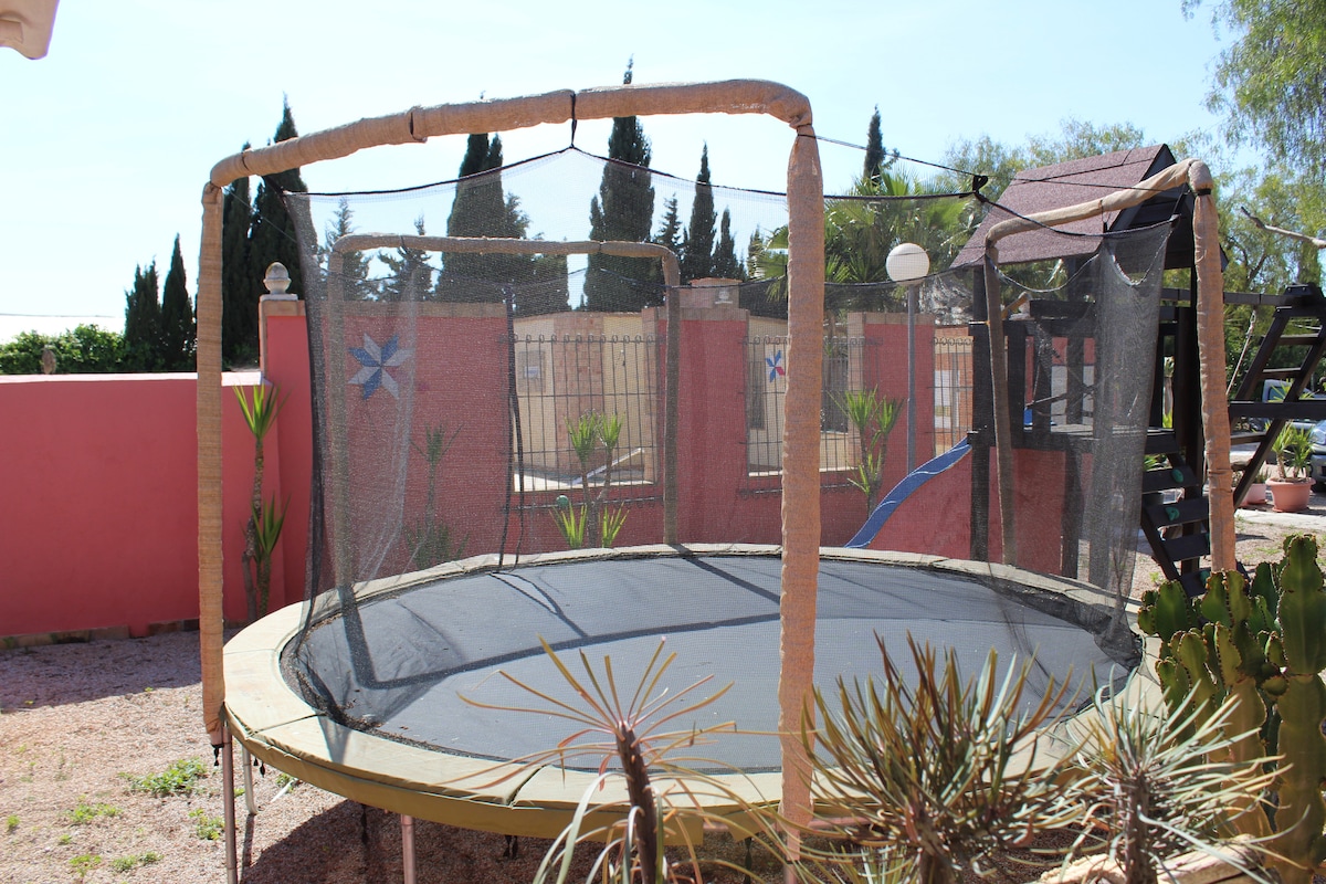 A large trampoline is enclosed by safety netting, situated within a sunlit outdoor area. Surrounding greenery includes palm-like plants, and a red wall provides a contrasting backdrop. The trampoline is designed for recreational use, creating a fun space for guests.