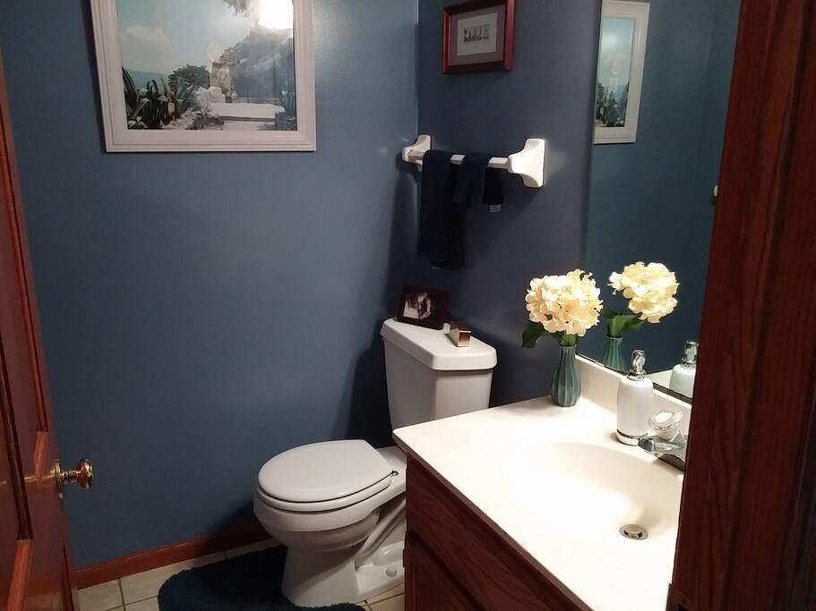 Your private half-bath, with locking door, is right next to your room. The medicine chest (on wall to the left, behind the door) is all yours. The shower is in the full-bath on the second floor ...