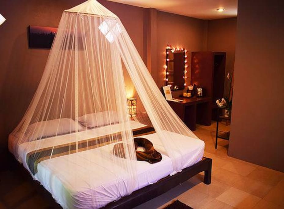 All our beds are king size and nicely wrapped in a mosquito net
