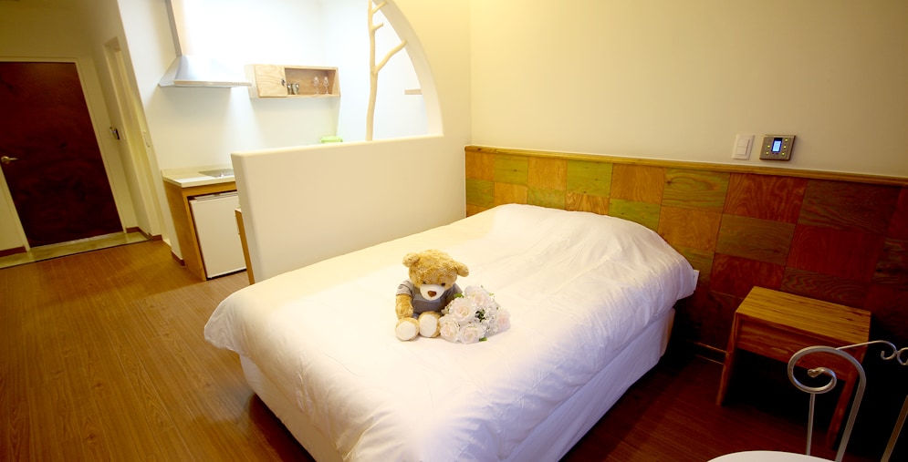 너무 편안한 더블침대입니다! 투  매트리스로 하나 내려놓고 사용하시면 최대 4명까지 묵을 수 있어요:)
This bright room has a wide bed with a soft mattress. There are two mattresses in total, so if you put one down on the floor, maximum 4 people can stay together :)