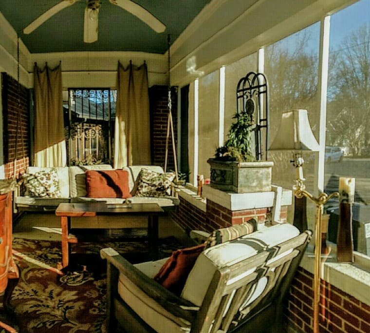 The screened in porch is fantastic for hanging. Coffee in the morning, nap in afternoon, wine in evening... awesome! The swinging daybed folds down into a full sized bed. I sleep on the porch on cool nights and love it!
