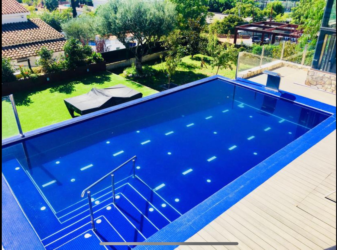 An outdoor private pool is set within a spacious yard, featuring a modern design with steps leading into the water. The vibrant blue water reflects sunlight, surrounded by lush greenery and trees that enhance the serene outdoor atmosphere.
