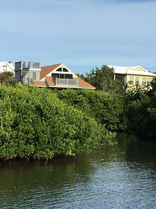Back view of BHH from boat arrival dock and harbor