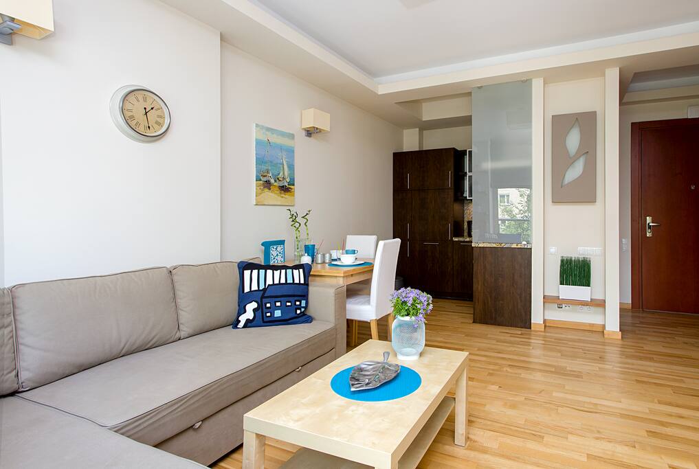 The kitchen corner is visually separated from living area by glass wall that covers mess in the kitchen.
