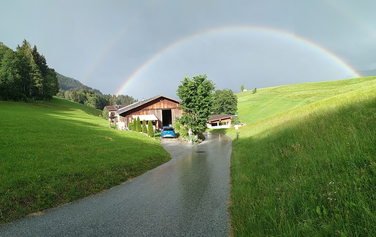 A scenic view of a rustic farmhouse set on a vast green landscape, framed by lush hills. A vibrant rainbow arcs across the sky, enhancing the tranquil atmosphere. A winding driveway leads to the farmhouse, with grassy areas on either side.