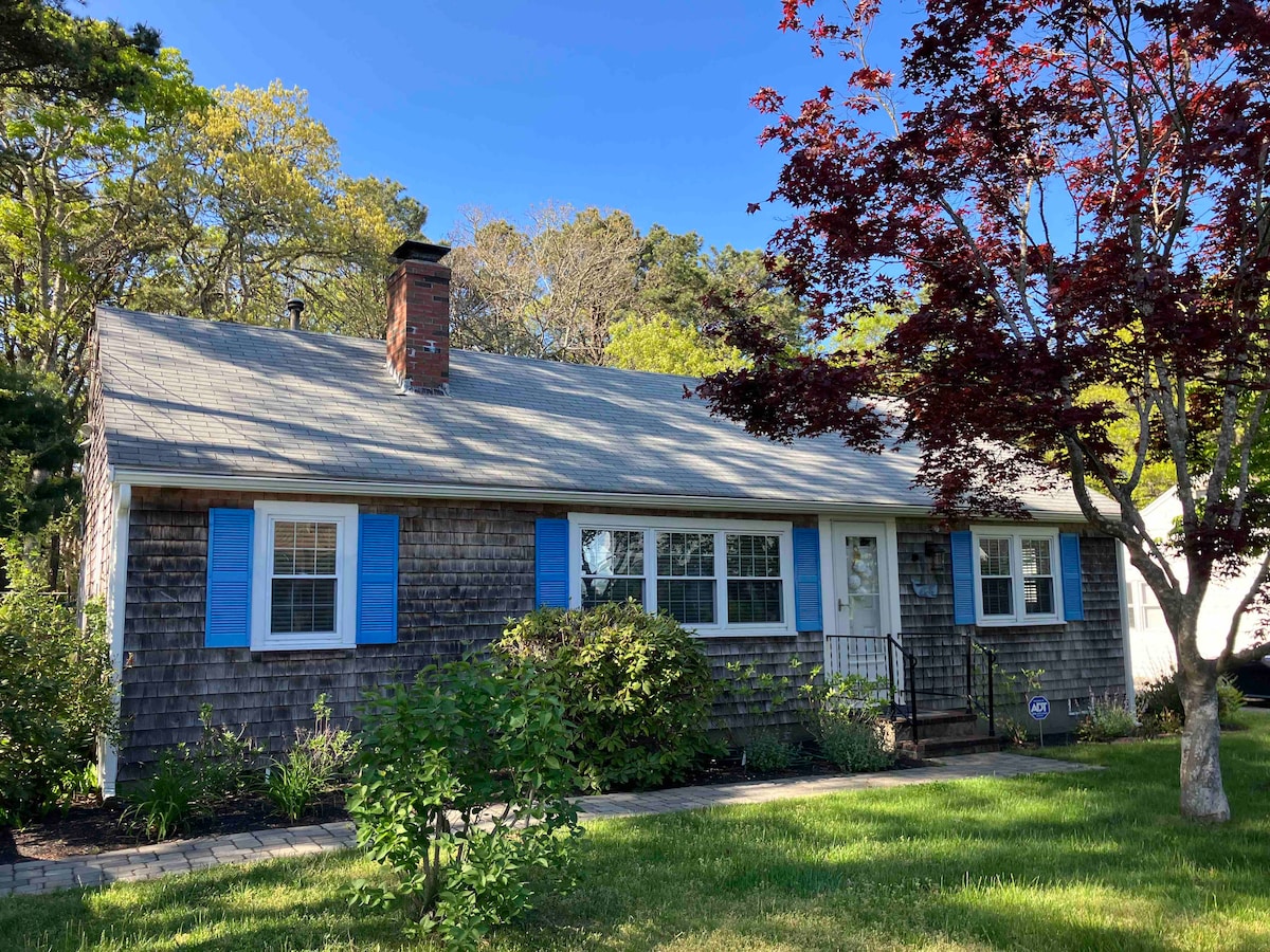 The exterior of a Cape Cod home is shown, featuring natural wood shingles and bright blue shutters. A well-kept front yard includes green grass and shrubs, while a small tree adds a pop of color with its red leaves. A stone pathway leads to the front entrance.