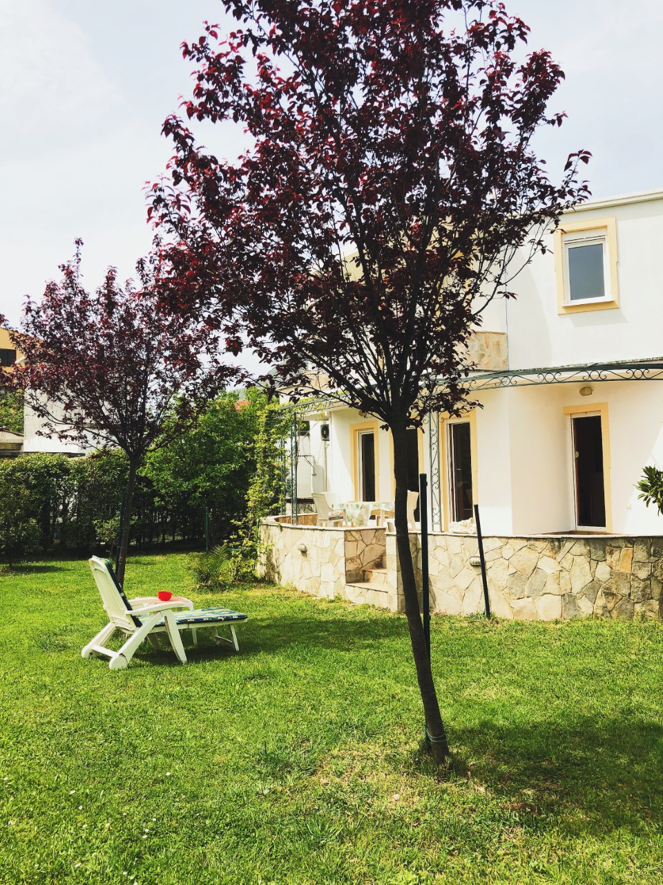A lush garden area features neatly trimmed grass, punctuated by two young trees with deep red leaves. A white lounge chair is positioned on the lawn, accompanied by a small red table. The villa is partially visible in the background, framed by greenery.