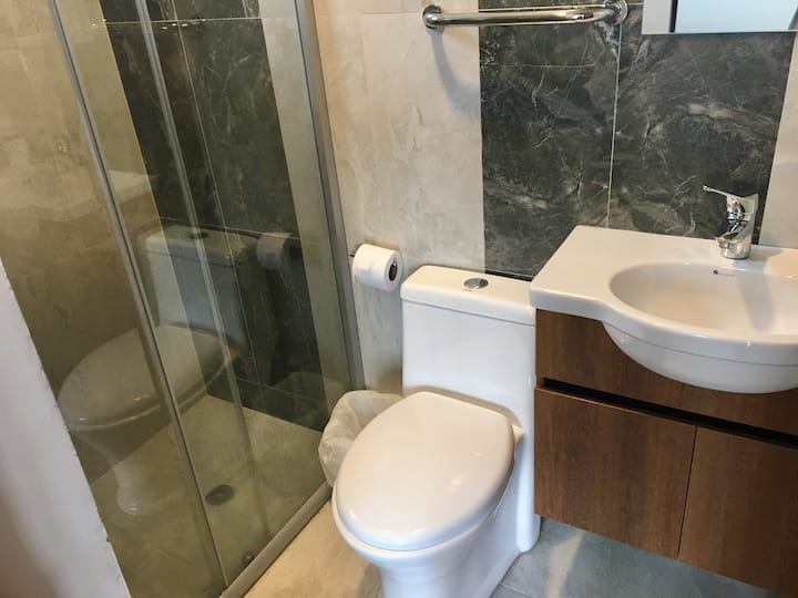 Nyrenoverede badeværelser, herunder shampoo dispenser, håndsæbe, håndklæder og toiletpapir. 