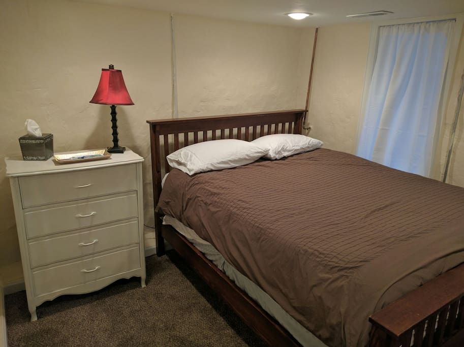 We have the basics in the bedroom- closet, mirror, lamp, dresser and bed, of course!