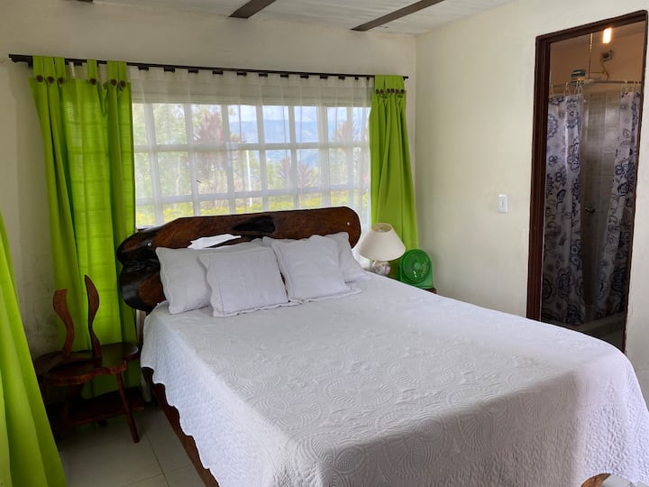 غرفة تحتوي على حمام خاص يحتوي على دش ومرآة وخزانة ملابس. 