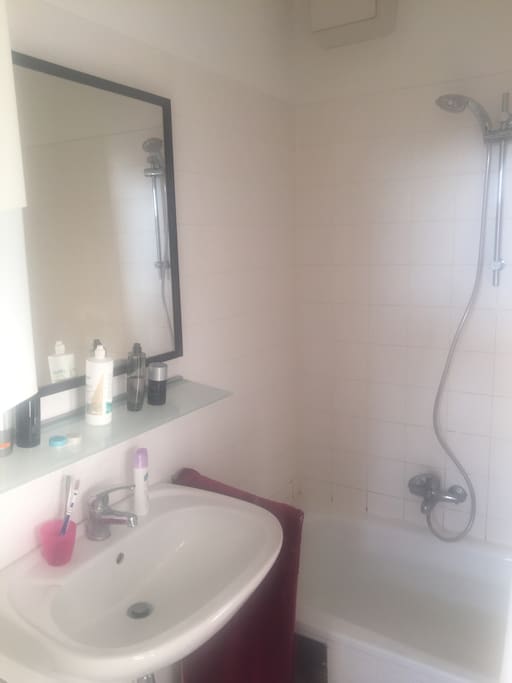 The bathroom has a bathtub and a showerhead