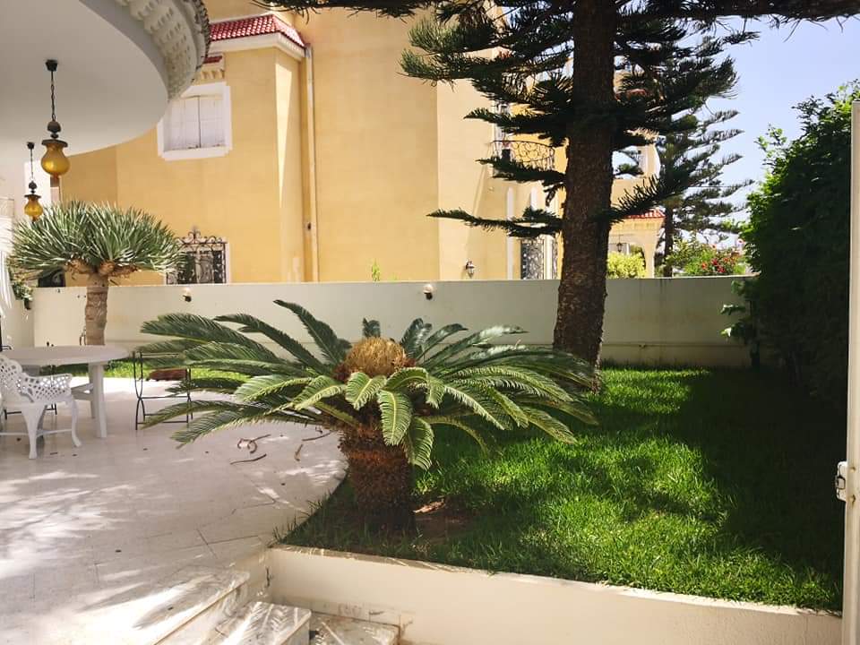 A lush garden area features a vibrant green lawn and ornamental plants, including a large palm-like plant. The outdoor space is accompanied by a shaded seating area with a table and chairs, surrounded by a white wall and residential structures in the background.