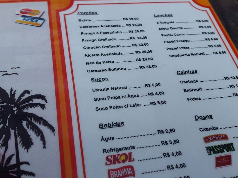 Menu do bar da piscina, na alta temporada e feriados
