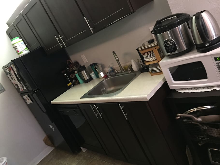 Kitchen, coffee and tea in upper cabinet to right of the fridge, help yourself, or don't!